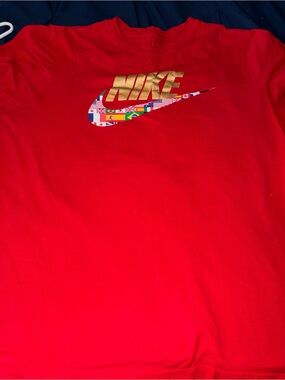 Nike Red Short Sleeve Tee with Gold and Multicolor Flag Swoosh